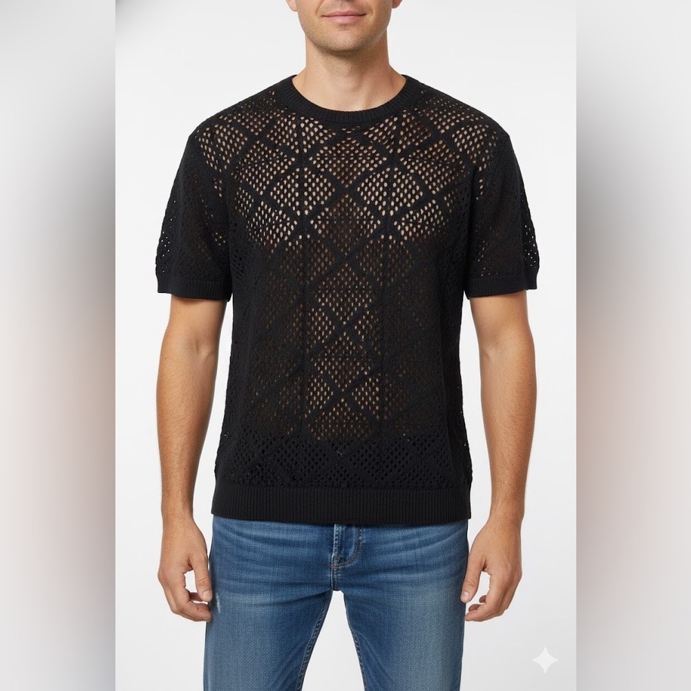 Massive Luxury Men Knit Crochet Short Sleeve Shirt Black Casual Small